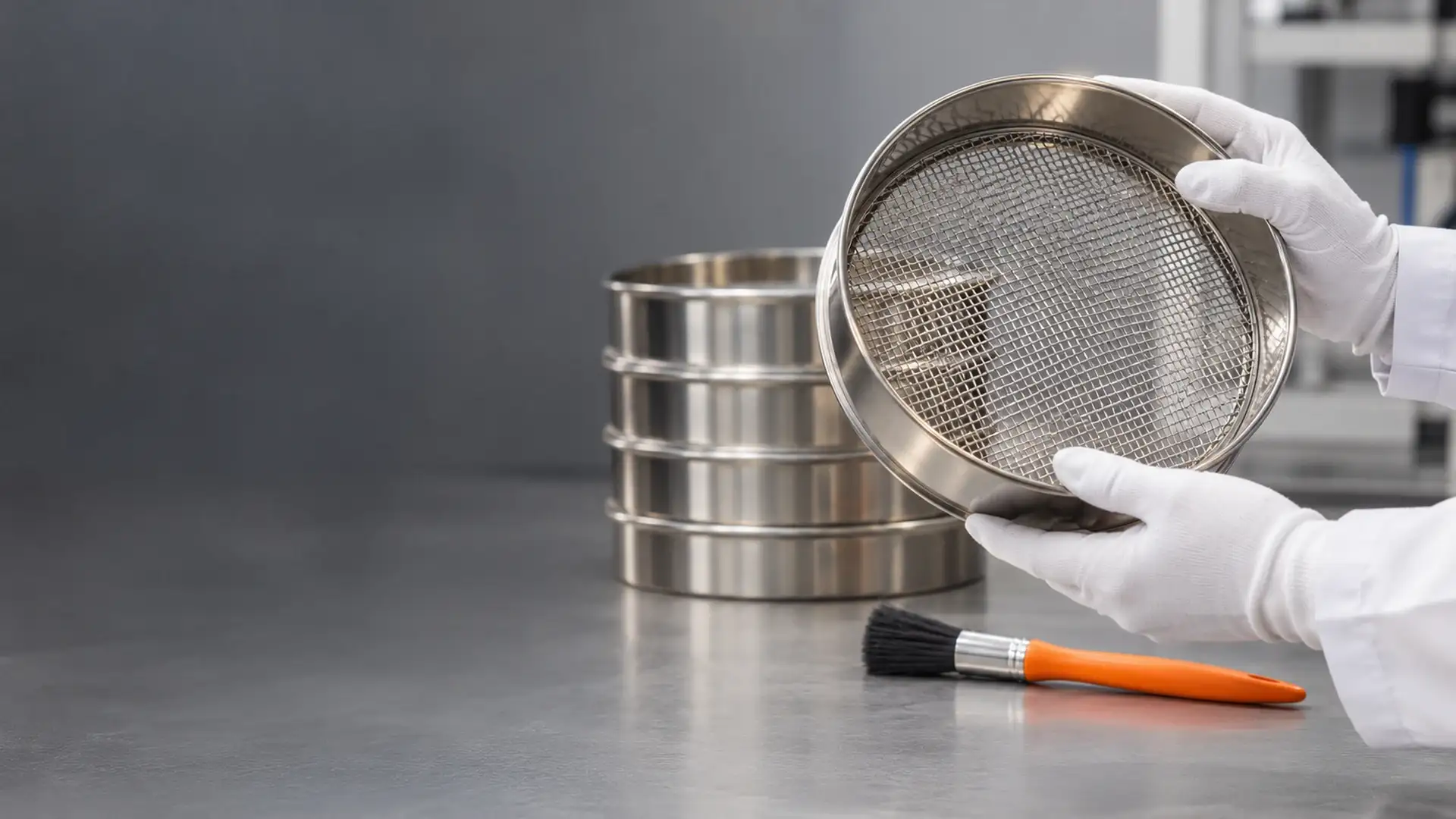 Mãos de luvas seguram uma peneira de ensaio de inox contra a luz, com um pincel laranja ao lado