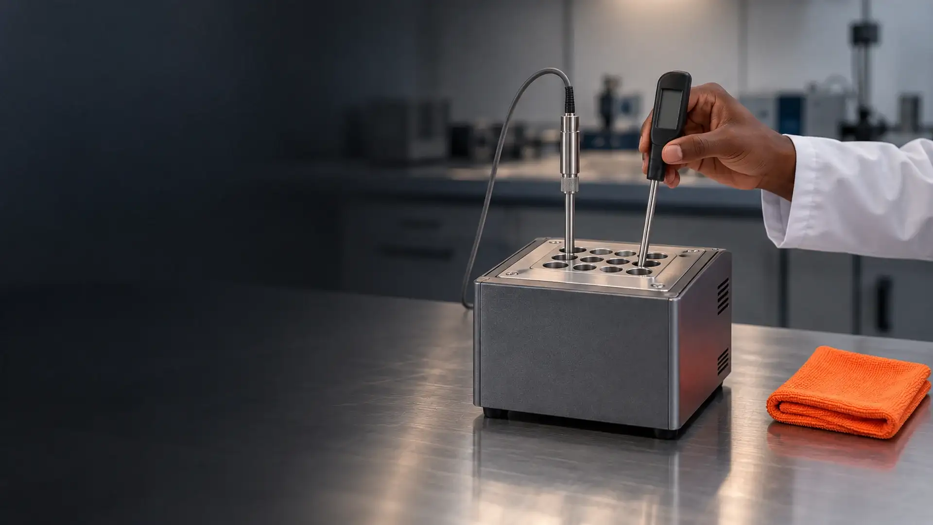 Mão de jaleco insere a sonda de um termômetro digital num forno de calibração, ao lado de um sensor de referência