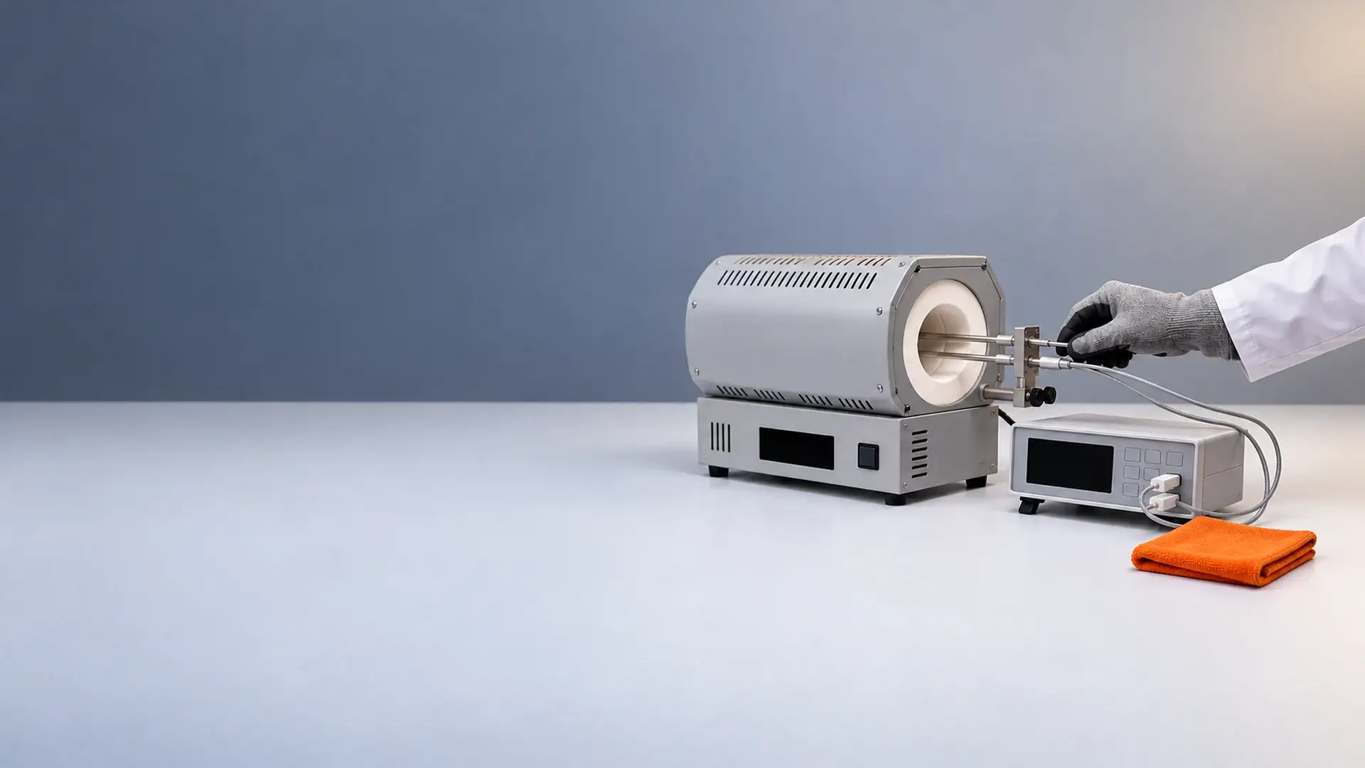 Mão de luva térmica ajusta um de dois termopares que entram pela boca de um forno tubular, ligados a um indicador de bancada