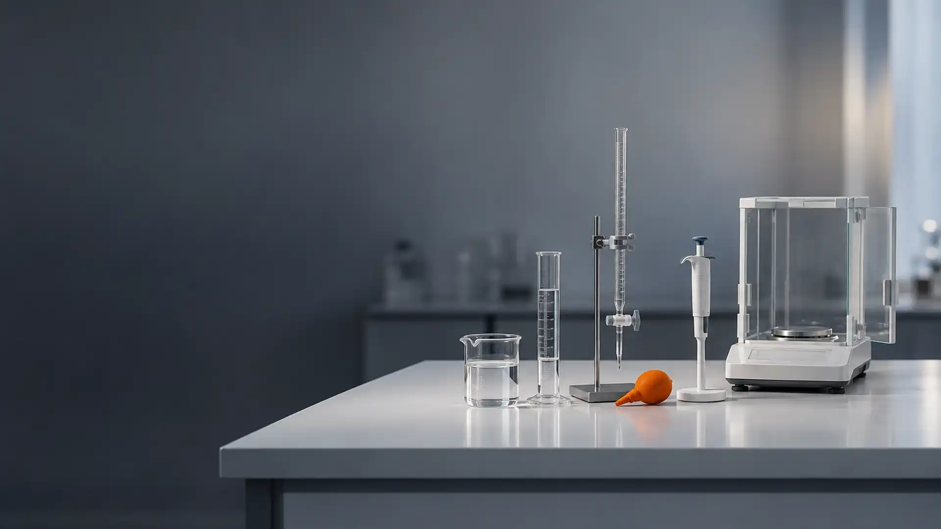 Micropipeta, bureta, proveta e béquer ao lado de uma balança analítica na bancada do laboratório