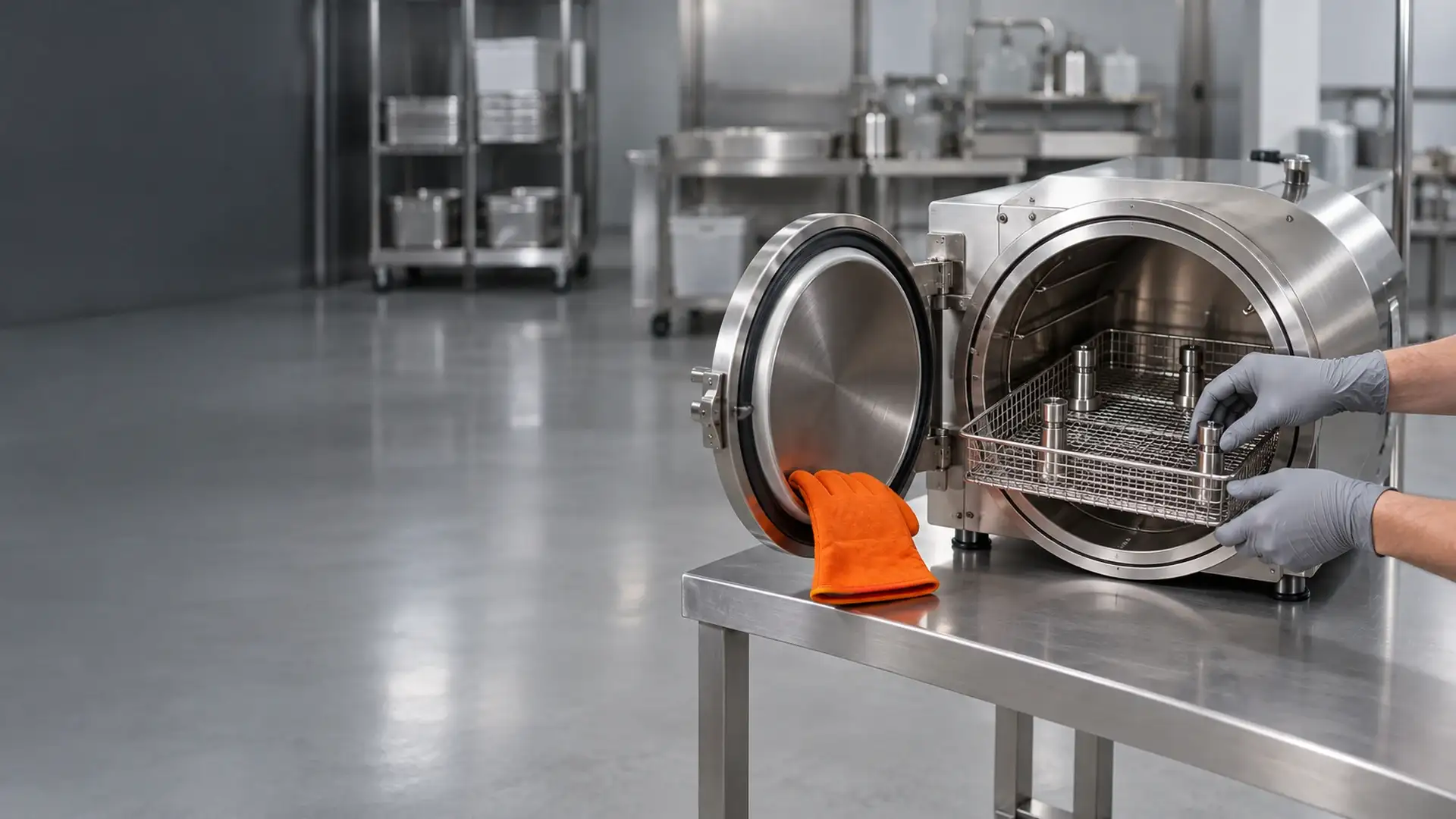 Mãos de luvas posicionam registradores de temperatura no cesto de uma autoclave aberta