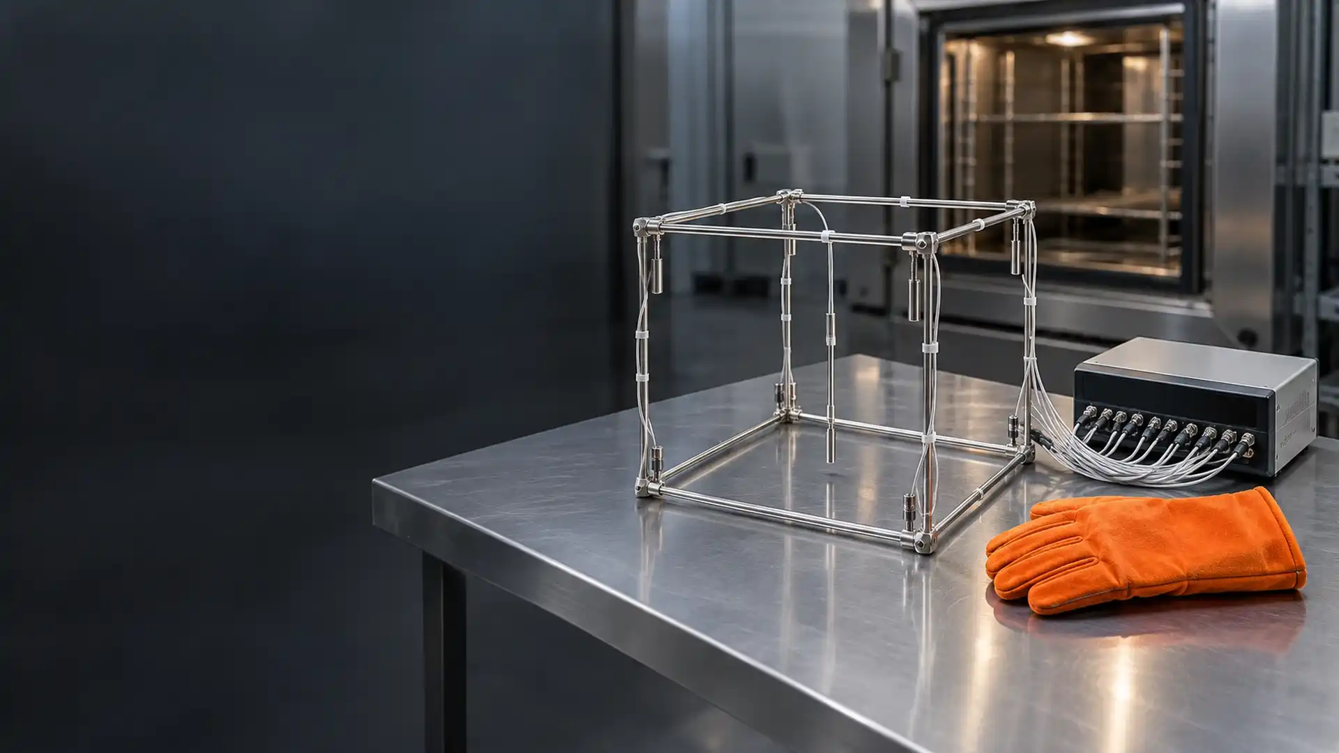 Suporte aramado com sensores de temperatura presos nos cantos e no centro, ligado a um registrador de dados