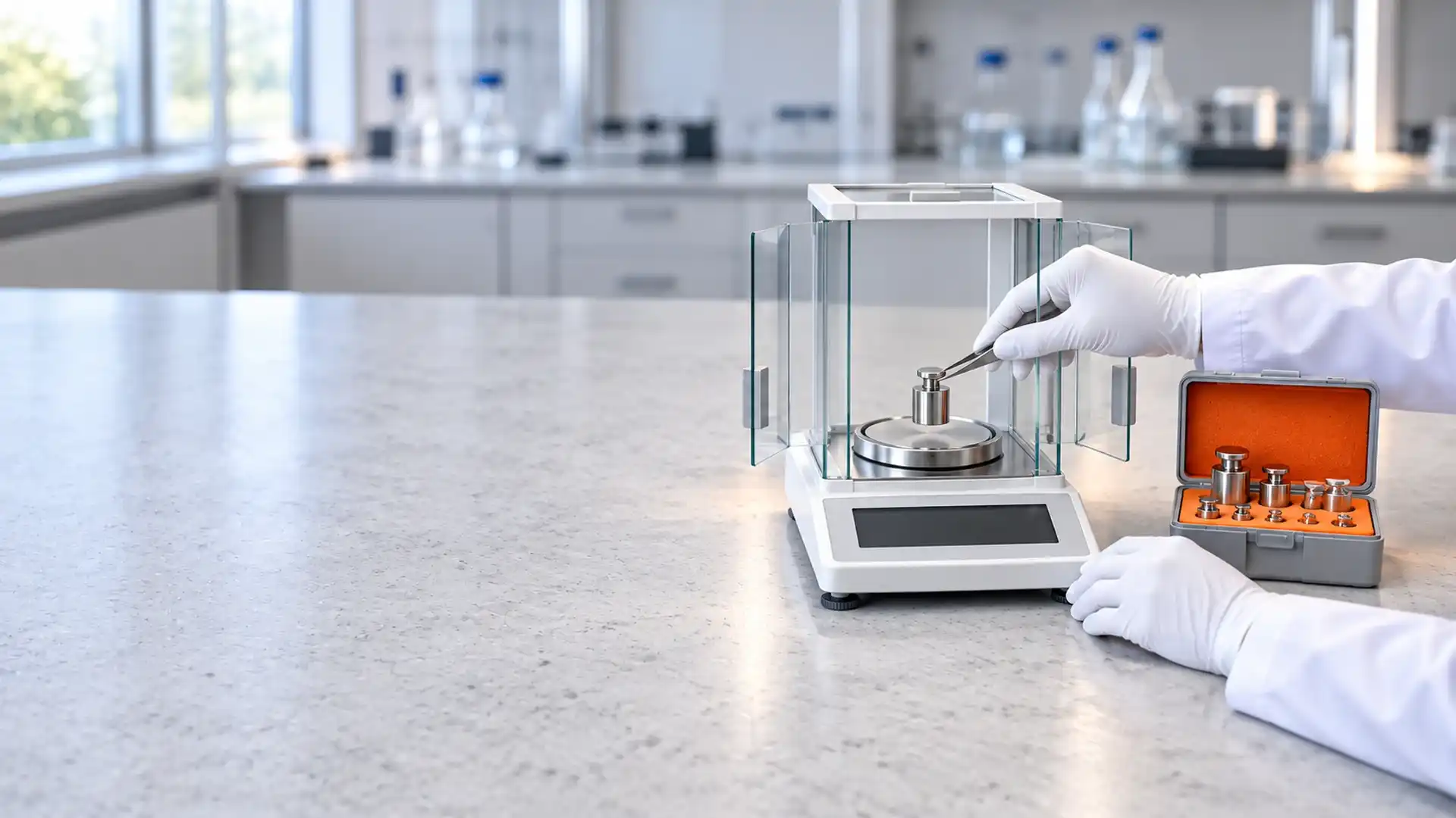 Mãos de luva colocam com uma pinça um peso-padrão no prato de uma balança de precisão na bancada do laboratório