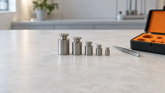 Cinco massas-padrão de inox em fila decrescente, com uma pinça e um estojo laranja aberto ao lado