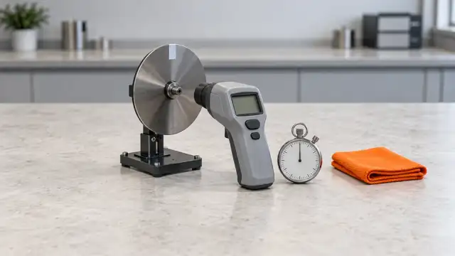 Tacômetro óptico diante de um disco com fita refletiva, um cronômetro e um pano laranja na bancada