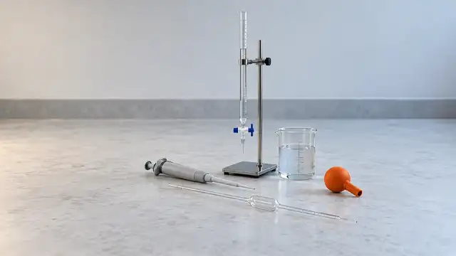 Bureta no suporte, micropipeta, pipeta e béquer com água sobre a bancada, com uma pera laranja