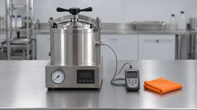 Autoclave vertical fechada com uma sonda de referência na conexão lateral, ligada a um termômetro padrão