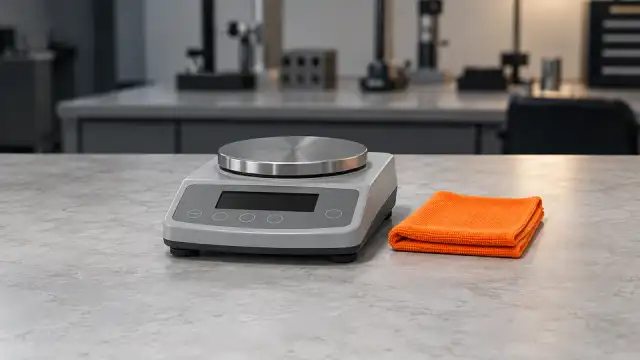 Balança de precisão com o prato vazio e o display apagado, ao lado de uma flanela, sobre a bancada clara do laboratório