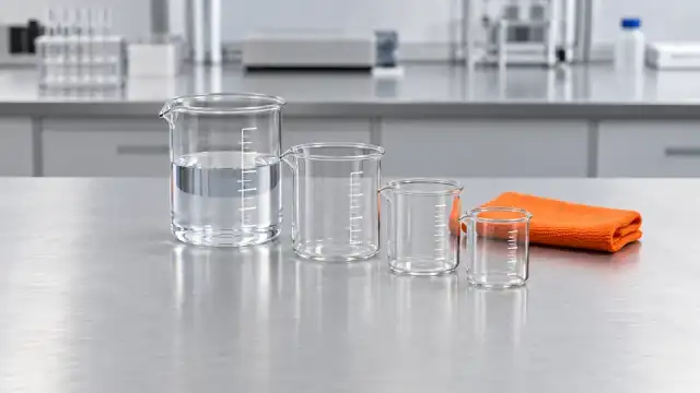 Quatro béqueres de vidro de tamanhos diferentes, o maior com água até a metade, sobre a bancada clara do laboratório
