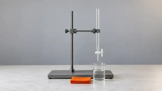 Bureta de vidro presa ao suporte, com a torneira sobre um béquer na bancada do laboratório