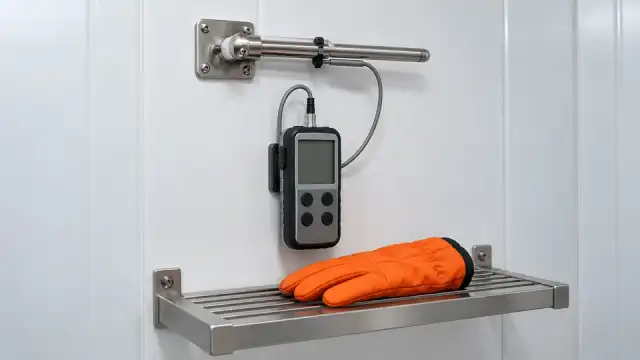 Sensor de uma câmara fria com a sonda de referência presa ao lado, ligada a um termômetro padrão
