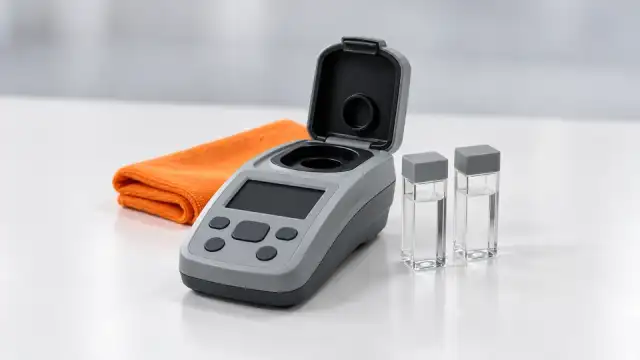 Clorímetro portátil com a tampa aberta e duas cubetas de vidro com líquido incolor, sobre a bancada do laboratório
