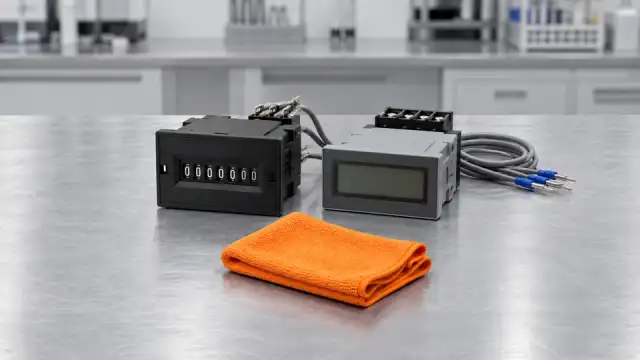 Dois contadores de ciclos de painel, um eletromecânico e um digital, lado a lado sobre a bancada clara
