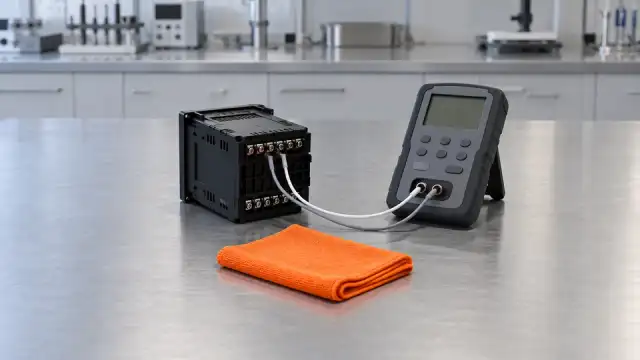 Controlador de temperatura de painel com os bornes ligados a um calibrador portátil