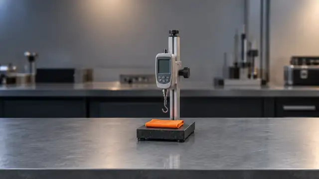 Dinamômetro digital com gancho preso a um suporte vertical com base de granito, sobre a bancada de ensaio