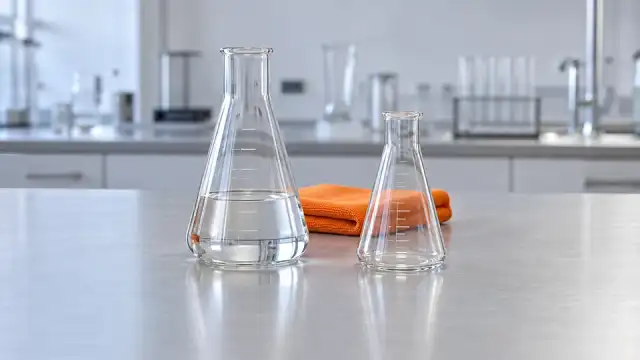 Frascos erlenmeyer de vidro, um deles com água, sobre a bancada clara do laboratório