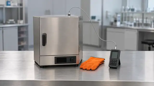 Estufa de laboratório fechada com a sonda de um termômetro padrão entrando pelo teto