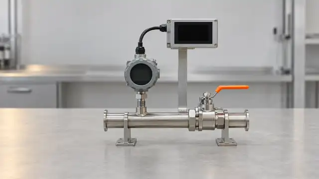 Transmissor de pressão numa tubulação de inox com válvula de alavanca laranja, ligado a um indicador de painel