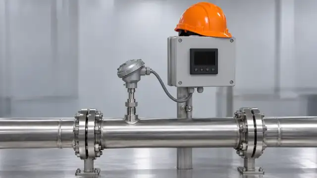 Sensor de temperatura instalado numa tubulação de inox, com o cabo até o controlador de painel