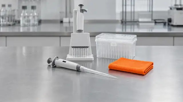 Micropipetas monocanal e multicanal com ponteira, ao lado de uma caixa de ponteiras, na bancada