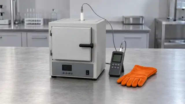 Forno mufla fechado com um termopar de referência entrando pelo topo, ligado a um indicador portátil
