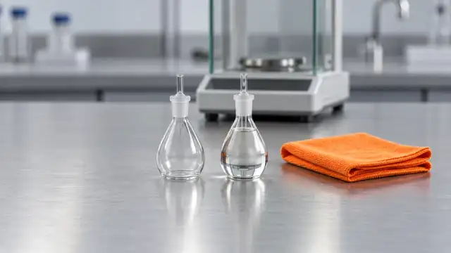Picnômetros de vidro com tampa capilar, um deles com água, sobre a bancada do laboratório