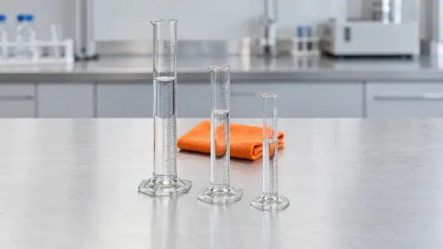 Provetas de vidro de tamanhos diferentes, com água, em pé sobre a bancada do laboratório