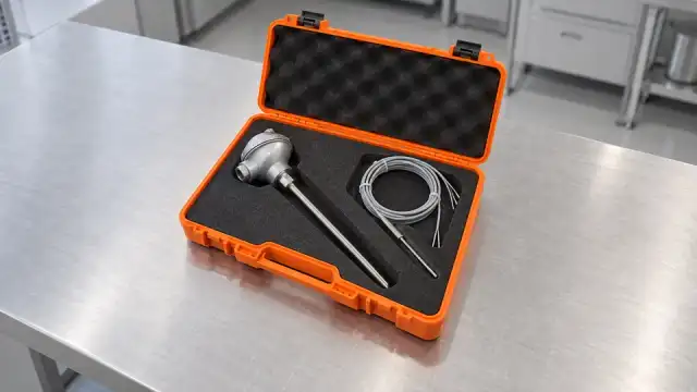 Sensores PT100 de haste com cabeçote e de bainha fina guardados num estojo aberto