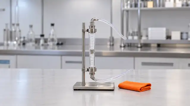 Rotâmetro de tubo transparente com flutuador e mangueiras, montado em suporte de bancada, com um pano laranja
