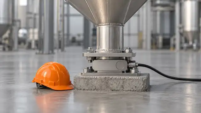 Silo de inox apoiado sobre uma célula de carga numa base de concreto, com um capacete ao lado, em área fabril