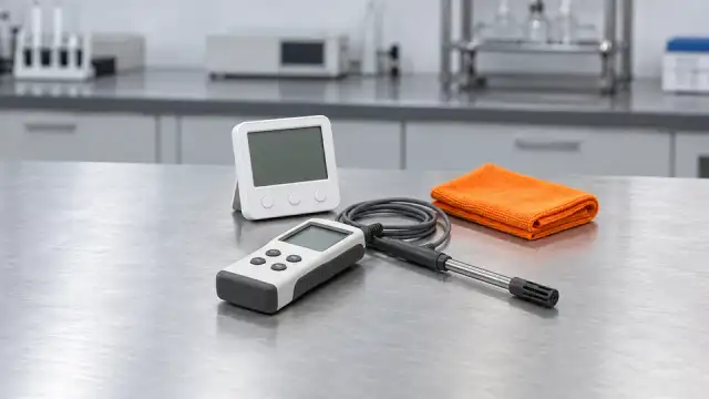 Termo-higrômetro digital de mesa e higrômetro portátil com sonda sobre a bancada