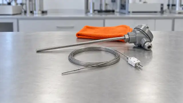 Termopares de bainha fina e de cabeçote, com conector branco, sobre a bancada do laboratório