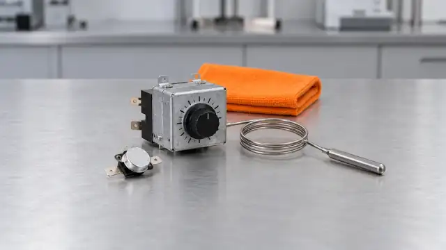 Termostato de bulbo e capilar com botão de ajuste, ao lado de um termostato de disco, na bancada