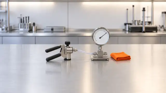 Vacuômetro de ponteiro ligado por mangueira a uma bomba manual de vácuo na bancada, com um pano laranja