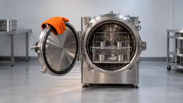 Autoclave de inox com a porta aberta e registradores de temperatura distribuídos no cesto de aço aramado