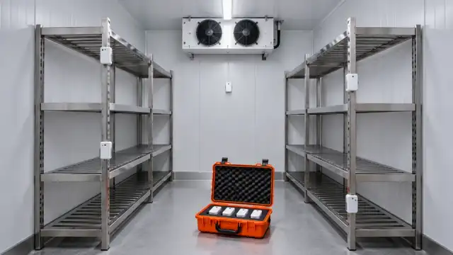 Câmara fria com prateleiras vazias e registradores de temperatura presos em alturas diferentes