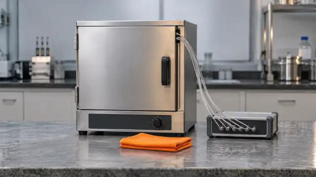 Estufa de laboratório fechada, com os fios dos sensores saindo pela porta até um registrador de dados