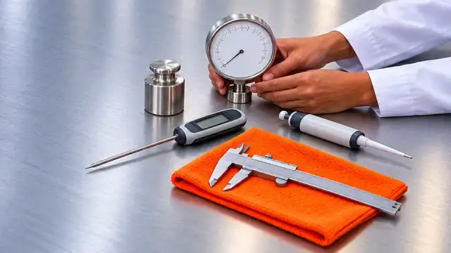 Mãos de jaleco organizam paquímetro, manômetro, termômetro, massa-padrão e micropipeta na bancada de um laboratório