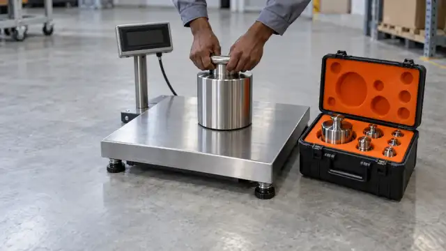 Mãos de uniforme colocam uma massa-padrão numa balança de piso, ao lado de uma maleta laranja de pesos