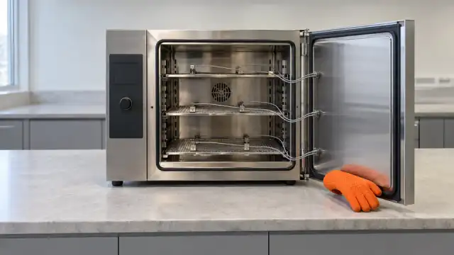Estufa de laboratório aberta com sensores de temperatura presos nas prateleiras e uma luva laranja ao lado