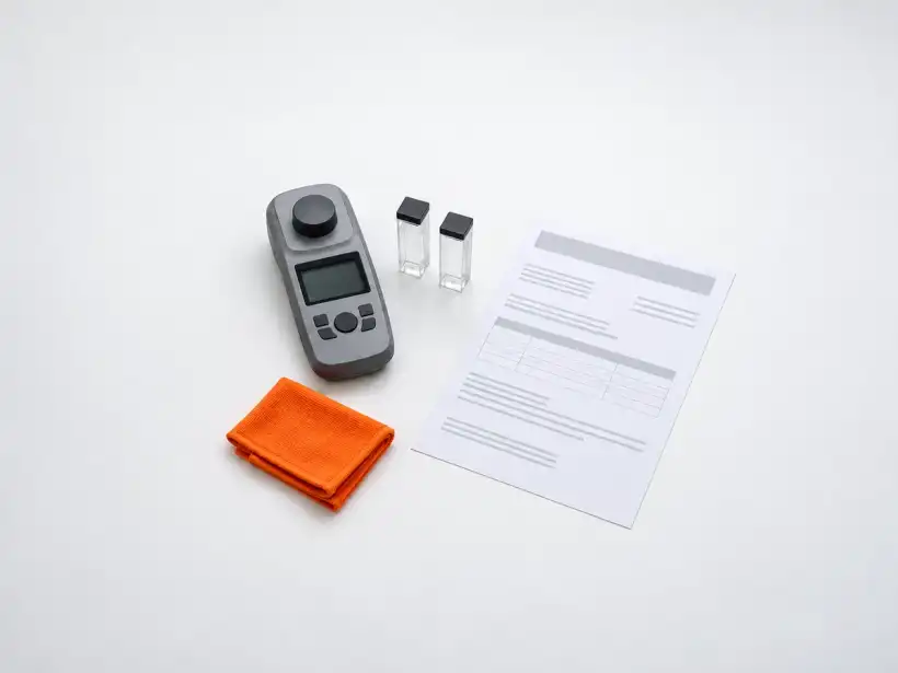 Clorímetro portátil com duas cubetas de vidro ao lado de um certificado de calibração sobre a bancada