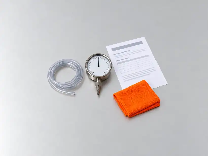 Manovacuômetro de mostrador sem números, com uma mangueira enrolada, ao lado de um certificado de calibração sobre a bancada