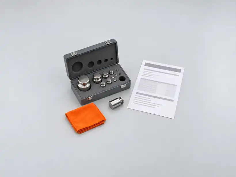 Estojo aberto com um jogo de massas-padrão de inox, ao lado de um certificado de calibração sobre a bancada