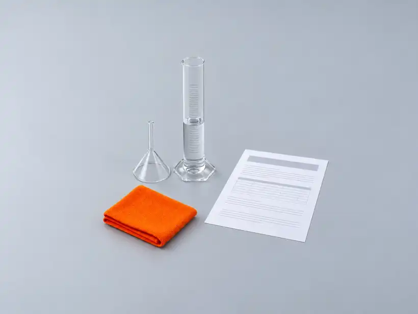 Proveta de 100 mL com um pouco de água e um funil de vidro ao lado de um certificado de calibração sobre a bancada