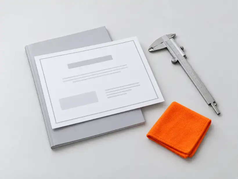 Certificado de participação sobre uma apostila, ao lado de um paquímetro, sobre a mesa de treinamento