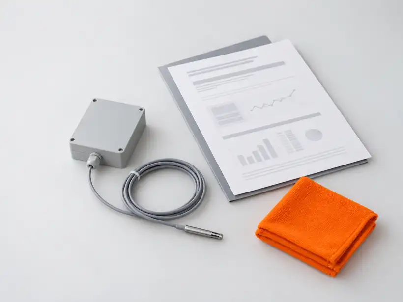 Registrador de temperatura e umidade com sonda ao lado de um relatório de qualificação sobre a bancada