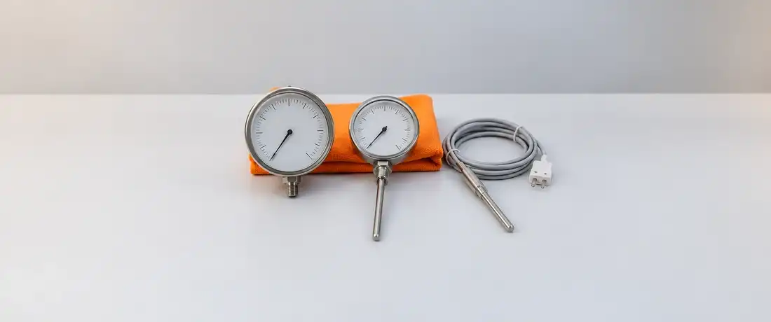 Manômetro de ponteiro, termômetro bimetálico de haste e sonda de inox lado a lado, instrumentos de autoclave soltos
