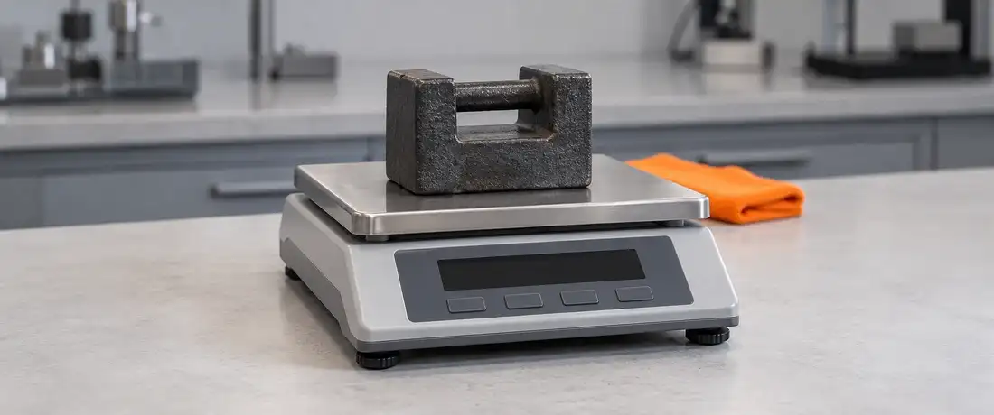 Peso de ferro com alça assentado no centro do prato de uma balança de plataforma, na bancada firme do laboratório