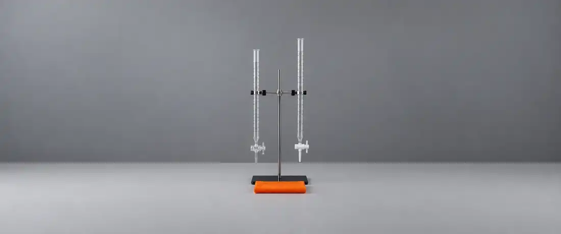 Duas buretas de vidro vazias presas lado a lado num suporte universal, uma com torneira de vidro e outra de PTFE branco