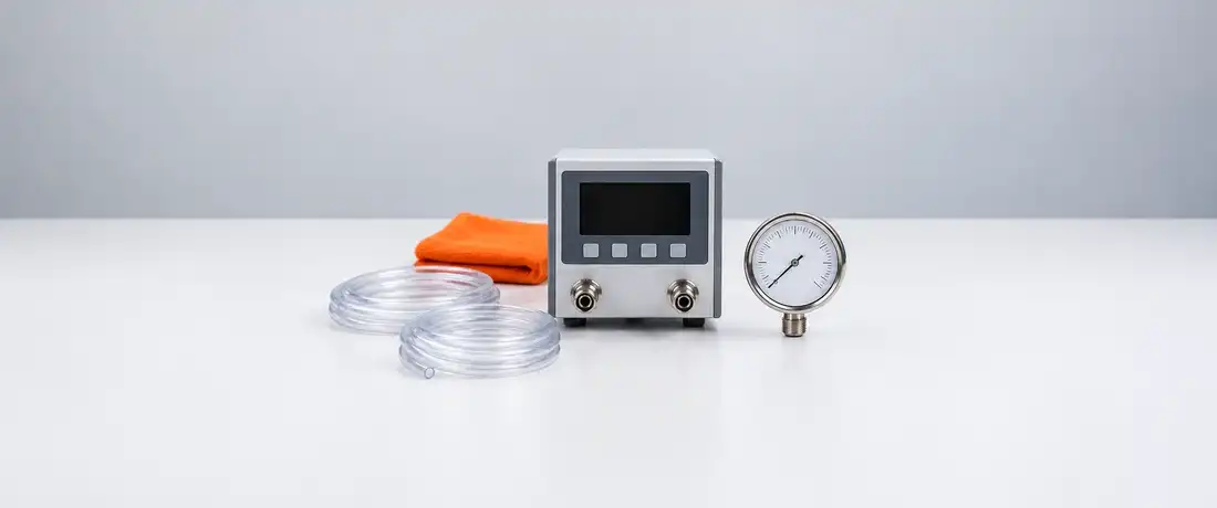 Controlador de pressão de bancada com duas mangueiras enroladas e um manômetro de caixa de inox ao lado, na bancada